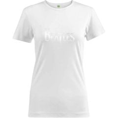 The Beatles: Drop T Logo (Hi-Build, White-On-White) - Ladies White T-Shirt