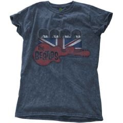 The Beatles: Guitar & Flag (Snow Wash, Dye Wash) - Ladies Denim Blue T-Shirt