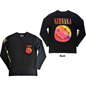 Nirvana: Gradient Happy Face (Back Print, Sleeve Print) - Black Long Sleeve T-Shirt