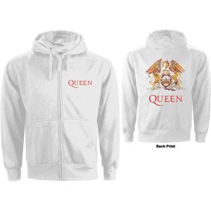 Queen: Classic Crest (Back Print) - Ladies White Zip-up Hoodie