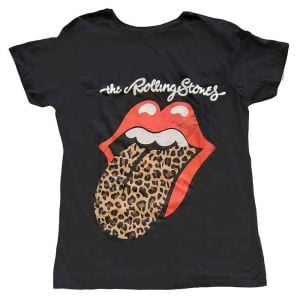 The Rolling Stones: Leopard Print Tongue - Ladies Black T-Shirt