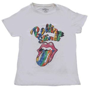 The Rolling Stones: Multicolour Tongue - Ladies White T-Shirt