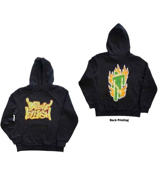 Billie Eilish: Airbrush Flames Blohsh (Back Print) - Dark Grey Pullover Hoodie