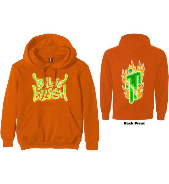 Billie Eilish: Airbrush Flames Blohsh (Back Print) - Orange Pullover Hoodie