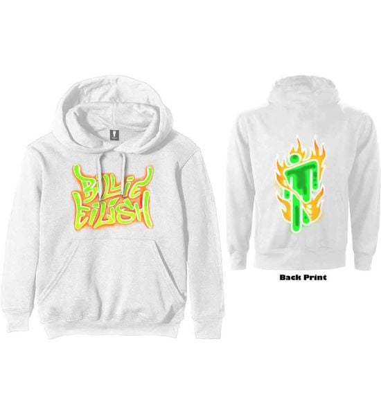 Billie Eilish: Airbrush Flames Blohsh (Back Print) - White Pullover Hoodie