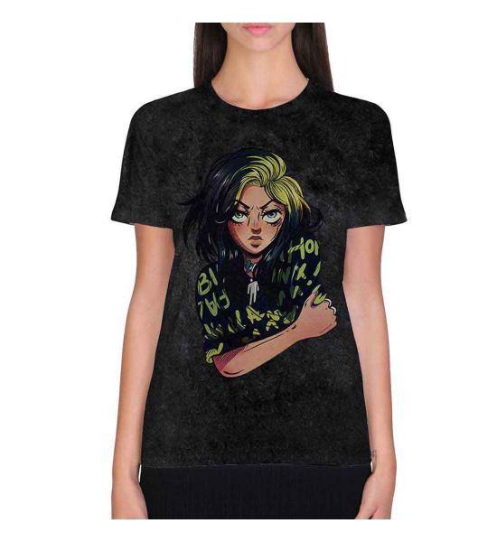 Billie Eilish: Anime Billie (Dip Dye, Mineral Wash, Dye Wash) - Black T-Shirt