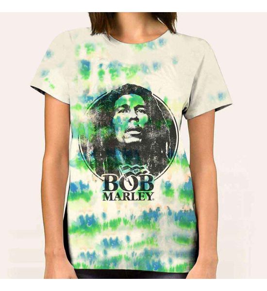 Bob Marley: Black & White Logo (Dip Dye, Dye Wash) - Dip-dye On White T-Shirt