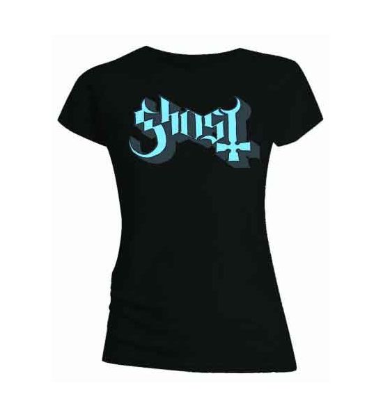 Ghost: Blue/Grey Keyline Logo (Skinny Fit) - Ladies Black T-Shirt