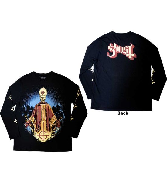 Ghost: Papa & Radient Ghouls (Back Print, Sleeve Print) - Black Long Sleeve T-Shirt