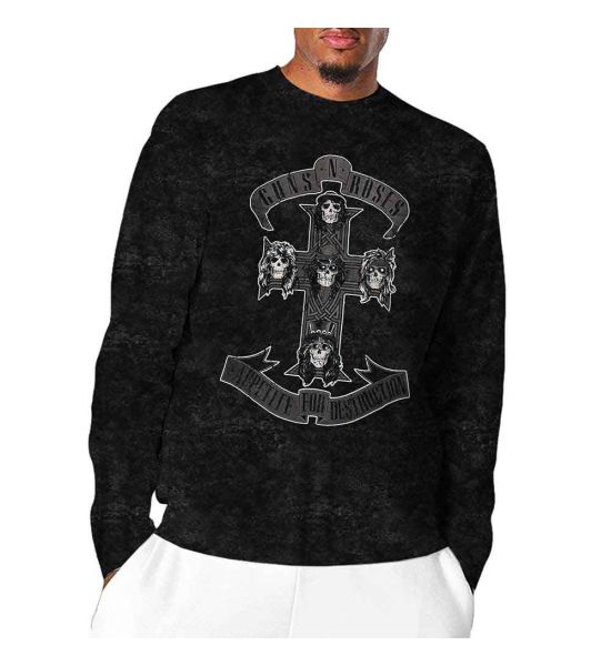 Guns N' Roses: Monochrome Cross (Dip Dye, Dye Wash) - Black Long Sleeve T-Shirt