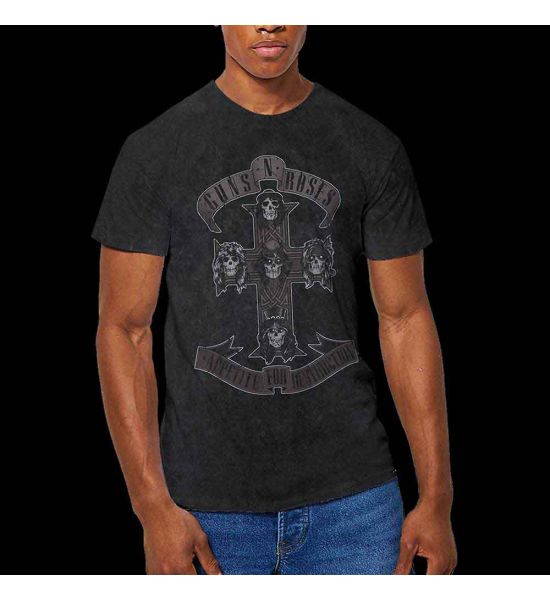 Guns N' Roses: Monochrome Cross (Dip Dye, Dye Wash) - Dip-dye On Black T-Shirt