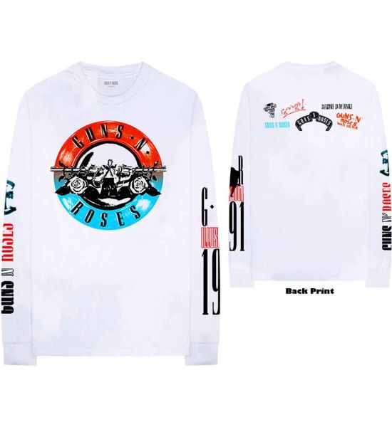 Guns N' Roses: Motorcross Logo (Back Print, Sleeve Print) - White Long Sleeve T-Shirt