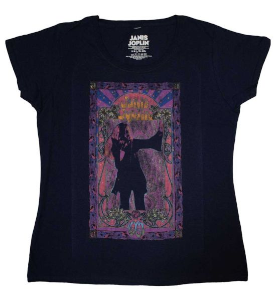 Janis Joplin: Paisley & Flowers Frame (Soft Hand Inks) - Ladies Navy Blue T-Shirt