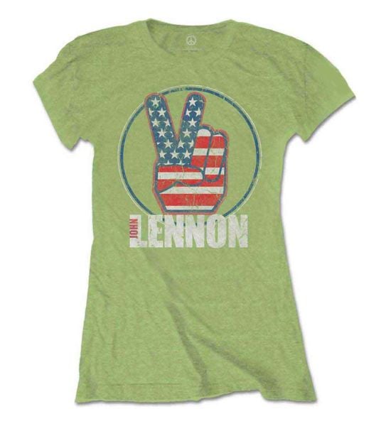 John Lennon: Peace Fingers US Flag - Ladies Kiwi Green T-Shirt