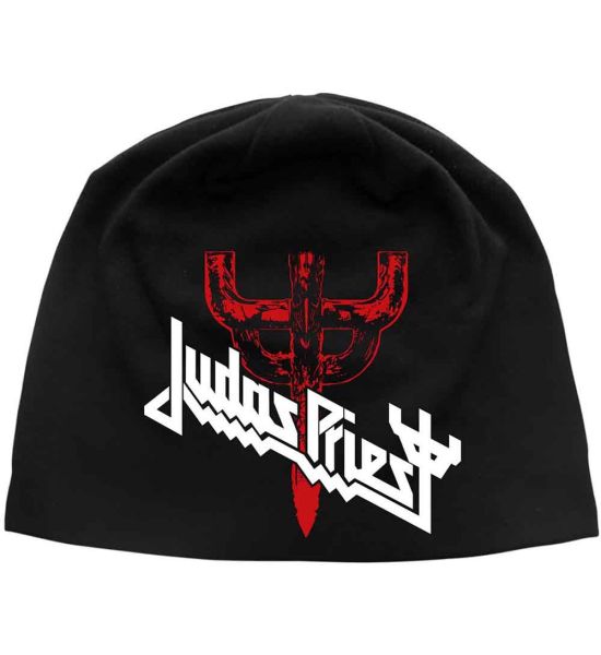 Judas Priest: Logo & Fork (Discharge Print) - Black Beanie Hat Preorder