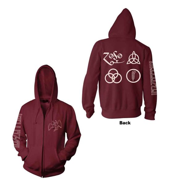 Led Zeppelin: Symbols (Back Print) - Maroon Red Zip-up Hoodie