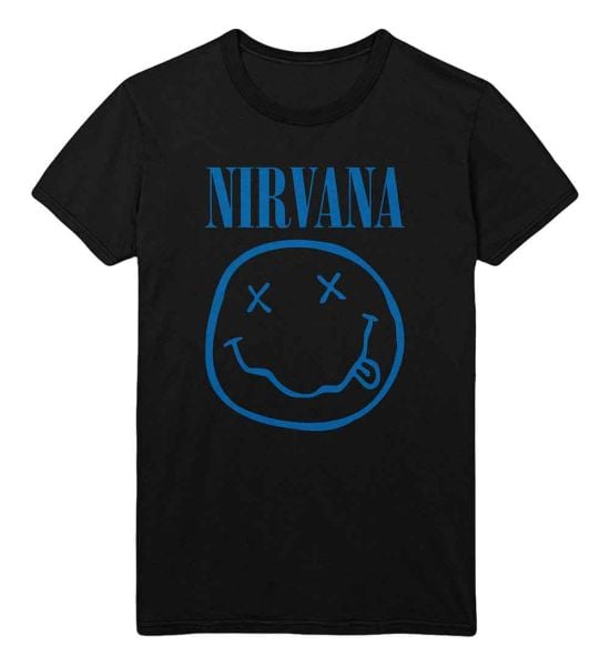 Nirvana: Blue Happy Face - Black T-Shirt