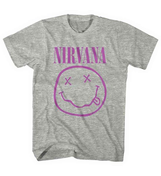 Nirvana: Purple Happy Face - Grey T-Shirt