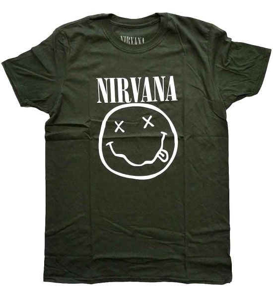 Nirvana: White Happy Face - Dark Green T-Shirt