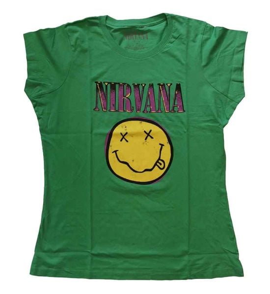 Nirvana: Xerox Happy Face Pink - Ladies Green T-Shirt