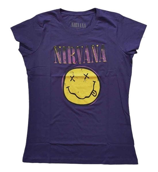 Nirvana: Xerox Happy Face Pink - Ladies Purple T-Shirt