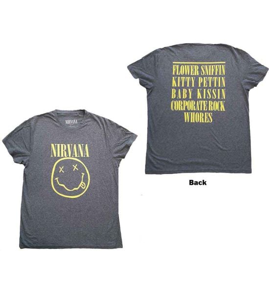 Nirvana: Yellow Happy Face (Back Print) - Brindle T-Shirt