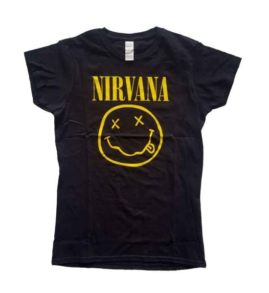 Nirvana: Yellow Happy Face - Ladies Black T-Shirt