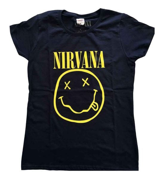 Nirvana: Yellow Happy Face - Ladies Navy Blue T-Shirt