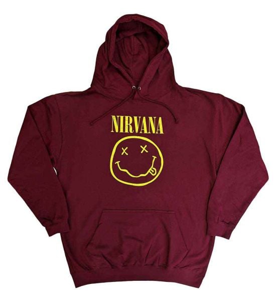 Nirvana: Yellow Happy Face - Maroon Red Pullover Hoodie