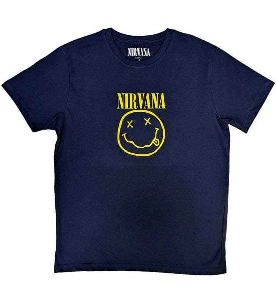 Nirvana: Yellow Happy Face - Navy Blue T-Shirt