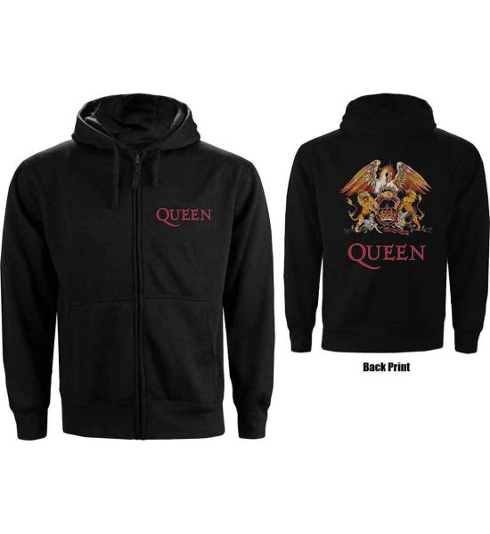 Queen: Classic Crest (Back Print) - Ladies Black Zip-up Hoodie