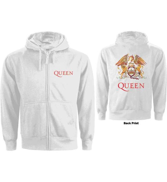 Queen: Classic Crest (Back Print) - Ladies White Zip-up Hoodie