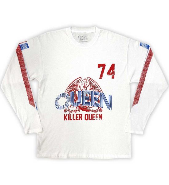 Queen: Killer Queen '74 Stripes (Sleeve Print) - White Long Sleeve T-Shirt