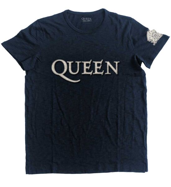 Queen: Logo & Crest (Applique) - Navy Blue T-Shirt