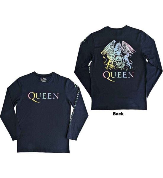 Queen: Rainbow Crest (Back Print, Sleeve Print) - Denim Blue Long Sleeve T-Shirt