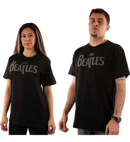 The Beatles: Drop T Logo (Embellished) - Black T-Shirt