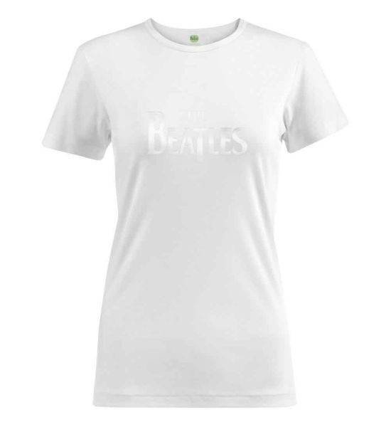 The Beatles: Drop T Logo (Hi-Build, White-On-White) - Ladies White T-Shirt