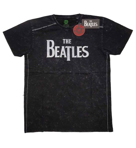 The Beatles: Drop T Logo (Snow Wash, Dye Wash) - Black T-Shirt