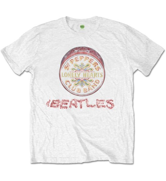 The Beatles: Flowers Logo & Drum - White T-Shirt