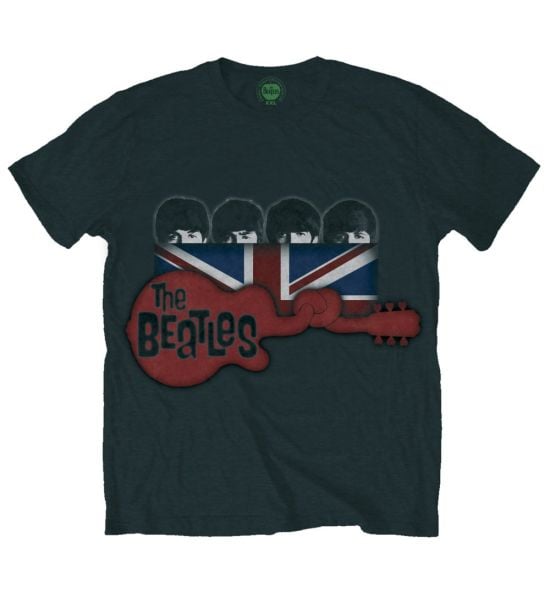 The Beatles: Guitar & Flag - Black T-Shirt