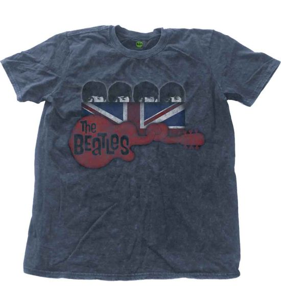 The Beatles: Guitar & Flag (Snow Wash, Dye Wash) - Denim Blue T-Shirt