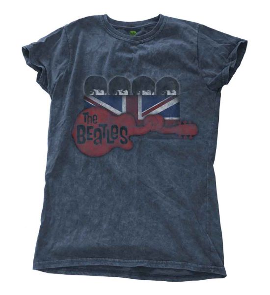 The Beatles: Guitar & Flag (Snow Wash, Dye Wash) - Ladies Denim Blue T-Shirt