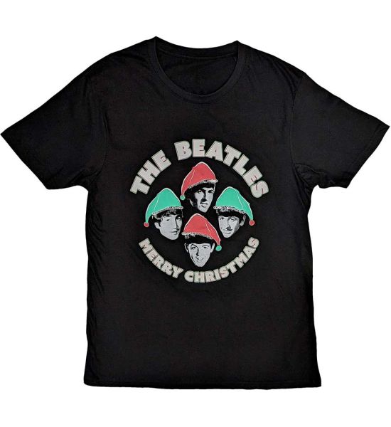 The Beatles: Xmas Hats - Black T-Shirt