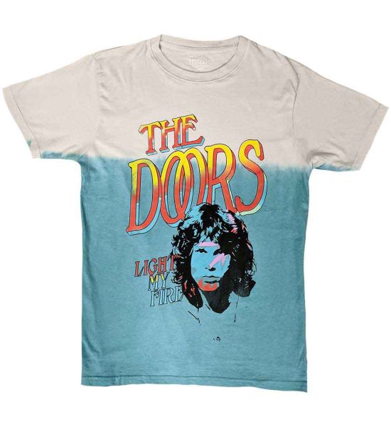 The Doors: Light My Fire Stacked (Dip Dye, Dye Wash) - Light Blue T-Shirt