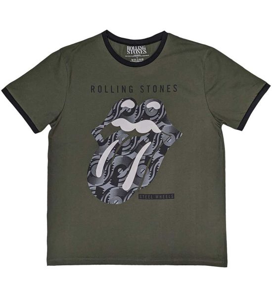 The Rolling Stones: Black & White Tongue - Khaki Green T-Shirt