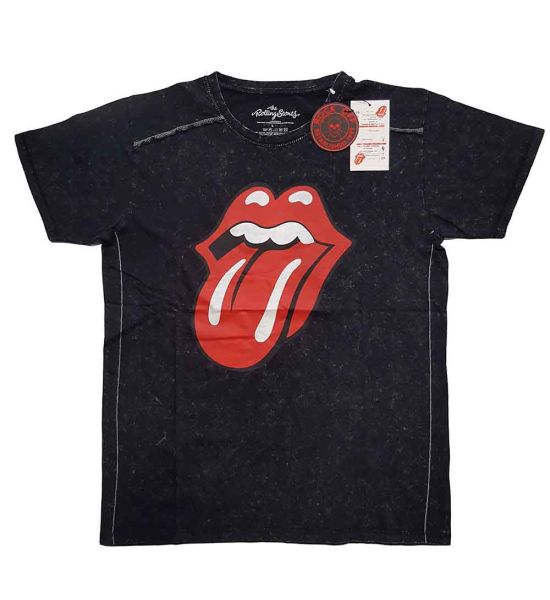 The Rolling Stones: Classic Tongue (Snow Wash, Dye Wash) - Black T-Shirt