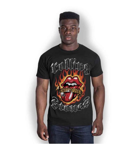 The Rolling Stones: Flaming Tattoo Tongue - Black T-Shirt