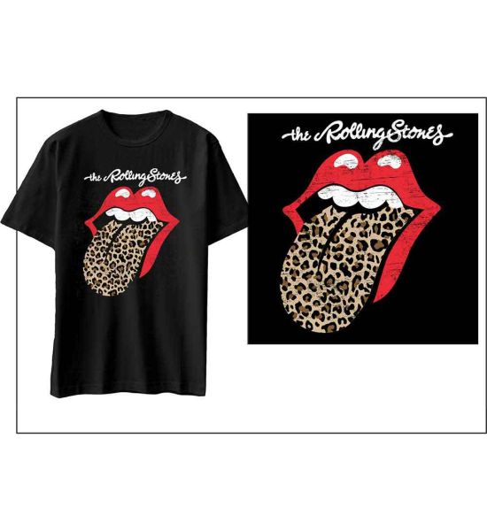 The Rolling Stones: Leopard Print Tongue - Black T-Shirt