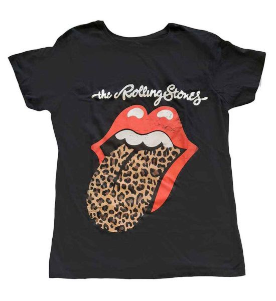 The Rolling Stones: Leopard Print Tongue - Ladies Black T-Shirt