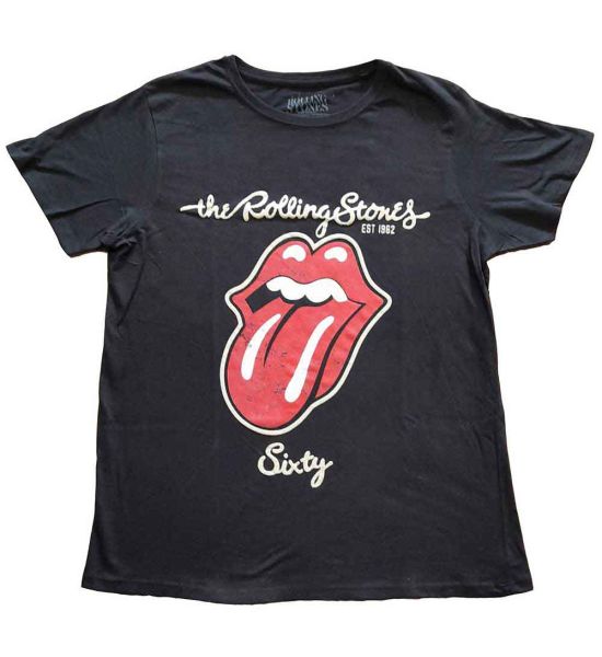 The Rolling Stones: Sixty Plastered Tongue (Suede Applique) - Ladies Black T-Shirt